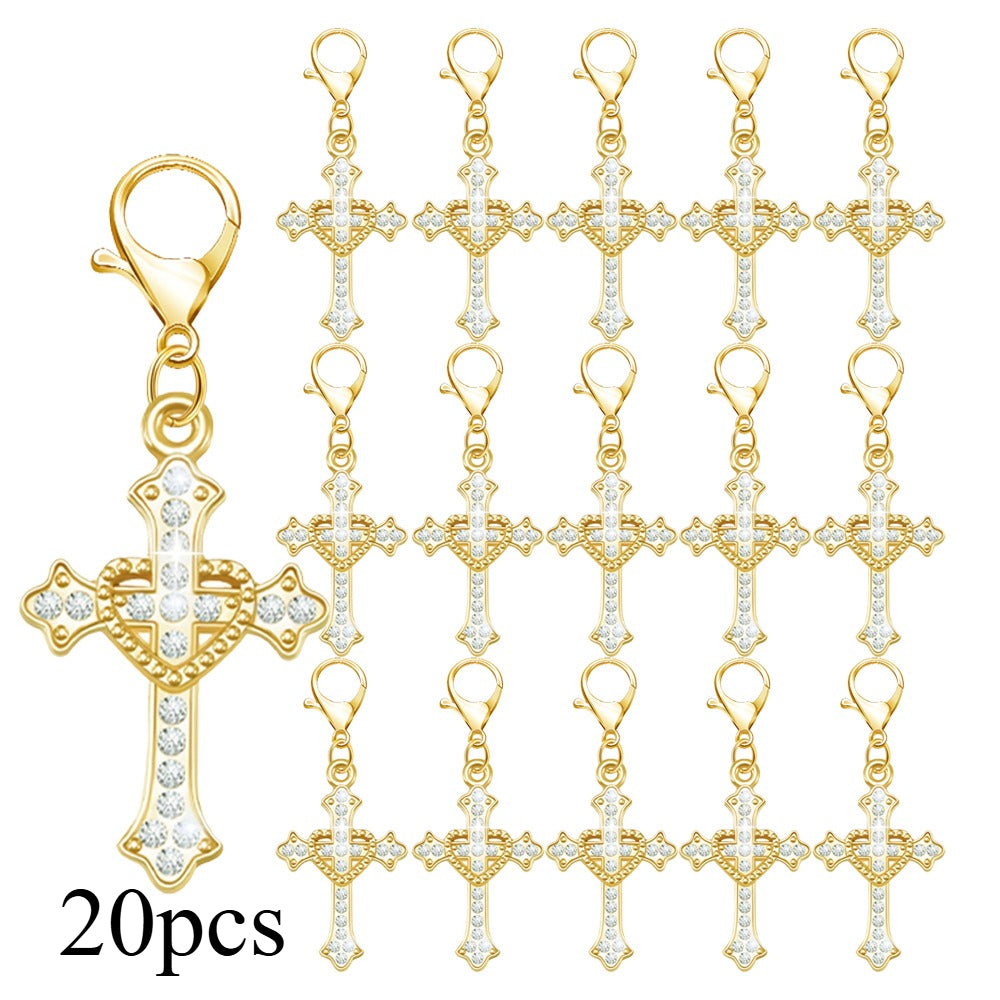 20-Piece White & Gold Rhinestone Cross Keychain Set