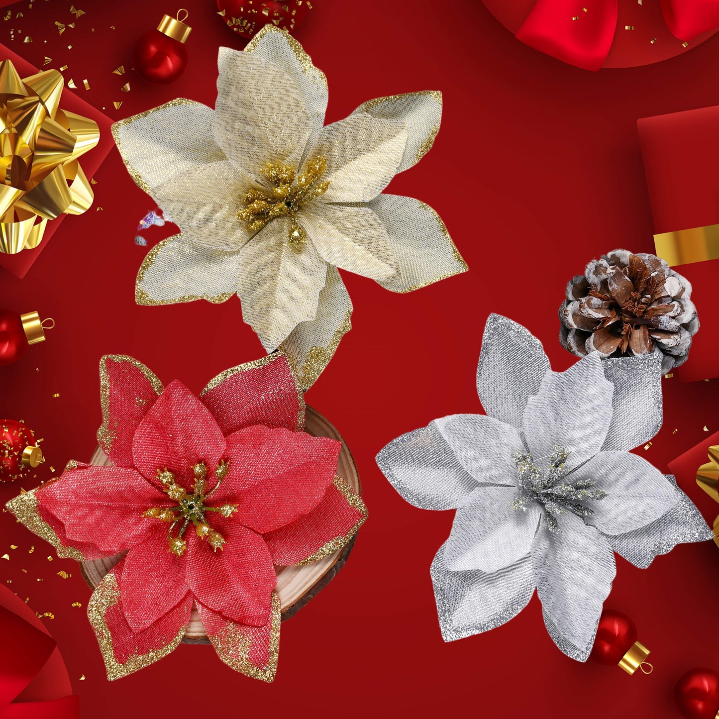 10PCS 13×13cm Gold & Red Glitter Christmas Flower Picks