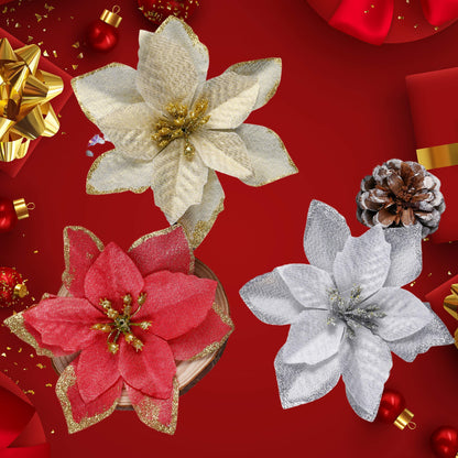 10PCS 13×13cm Gold & Red Glitter Christmas Flower Picks