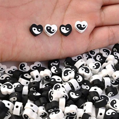 50pcs 8x9mm Black and White Heart Polymer Clay Beads
