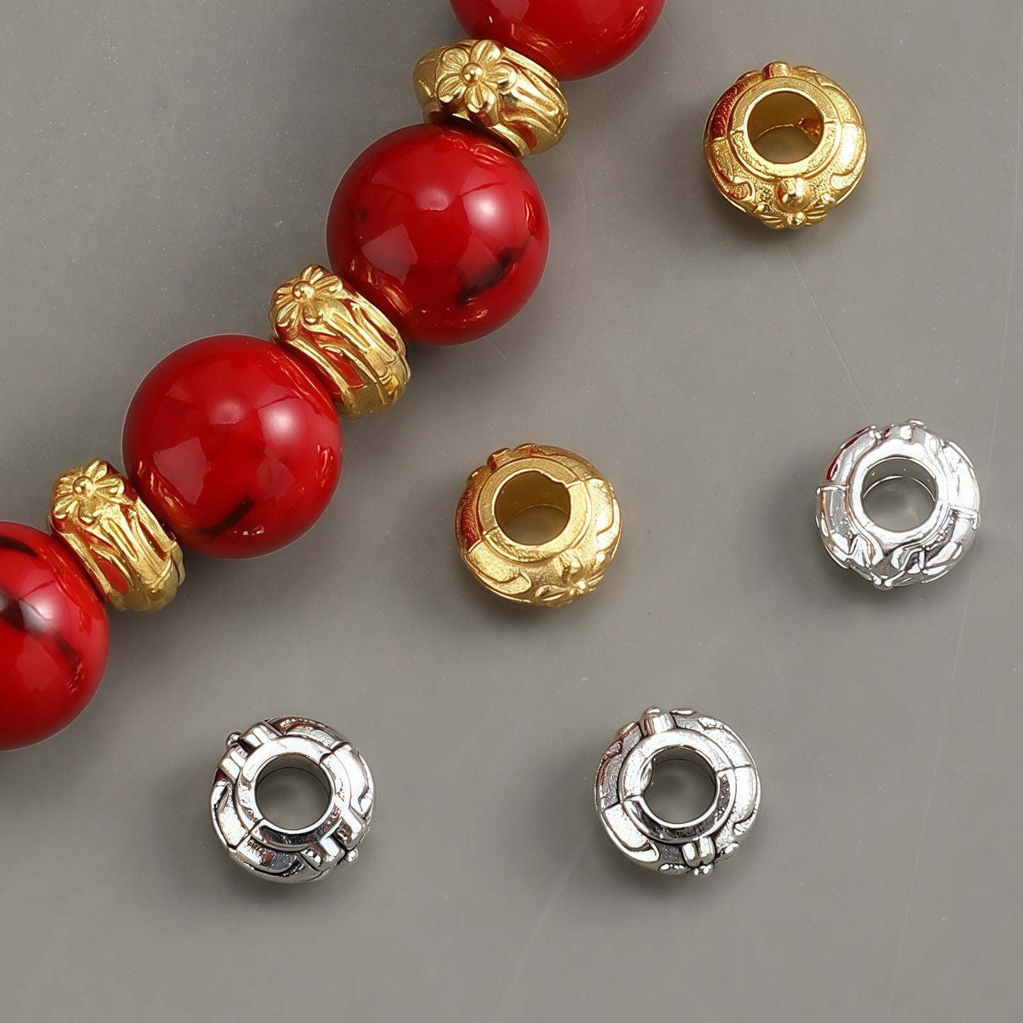 50pcs/set Pattern Engraved Golden & Silvery Spacer Beads