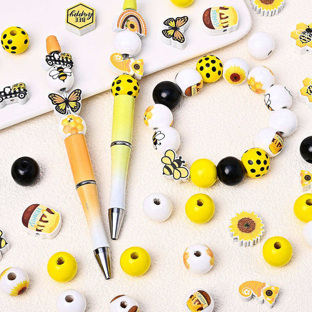 Summer Bee-Themed Wooden Beads