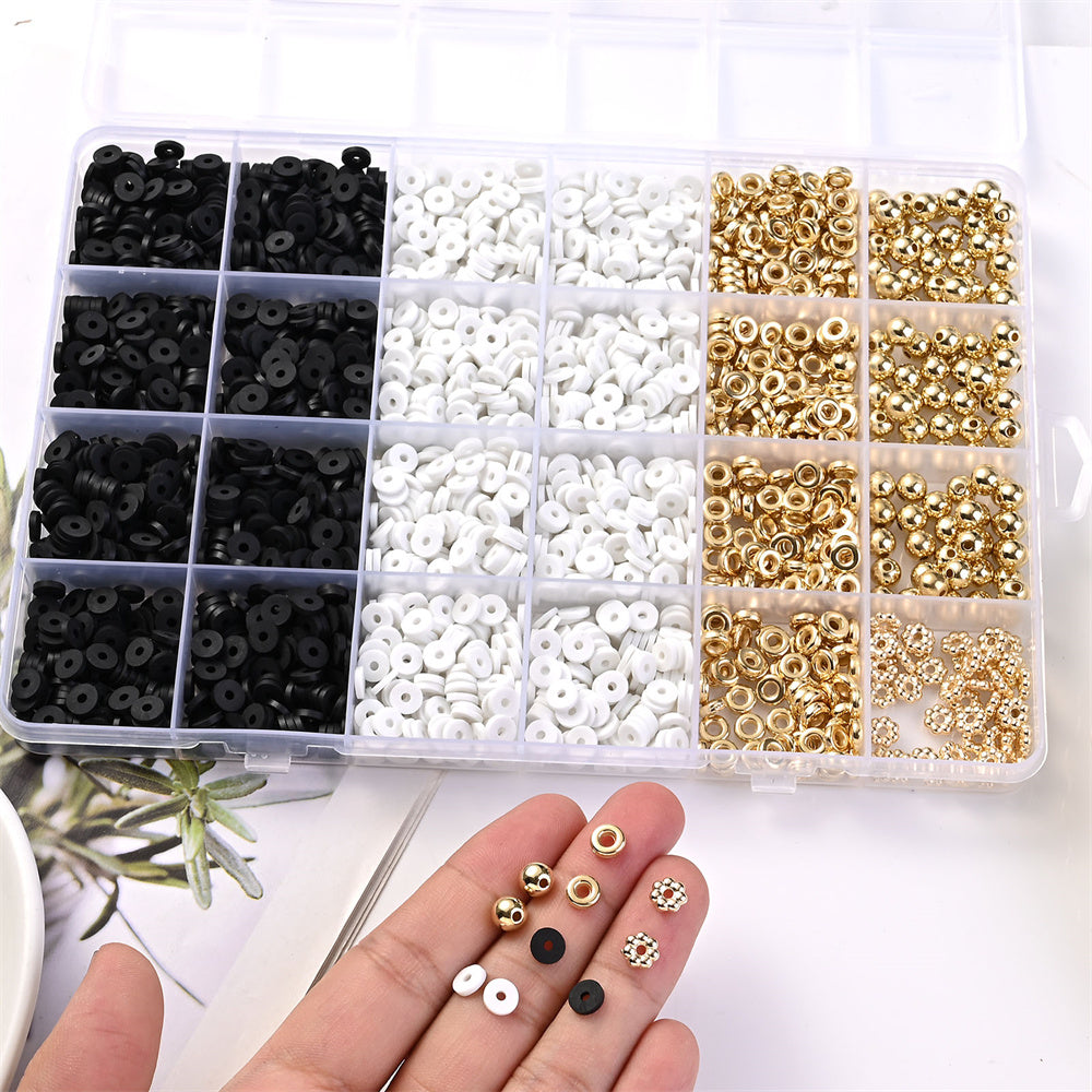 Black and White Clay Bead and Gold CCB Spacer Bead Set