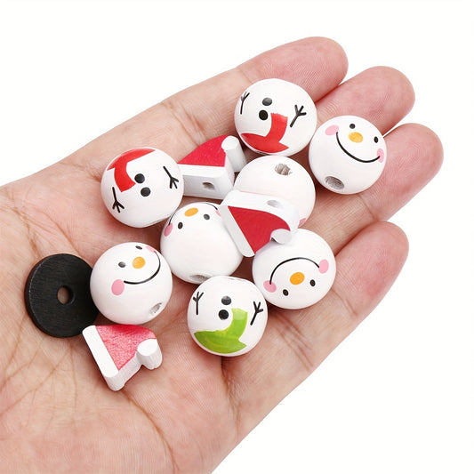 5pcs Christmas Snowman Wooden Round Beads