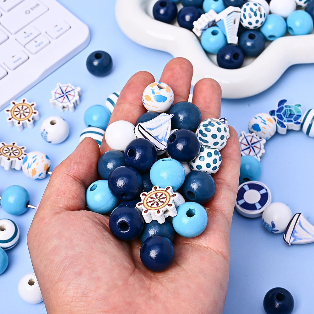 Marine-Themed Wooden Beads