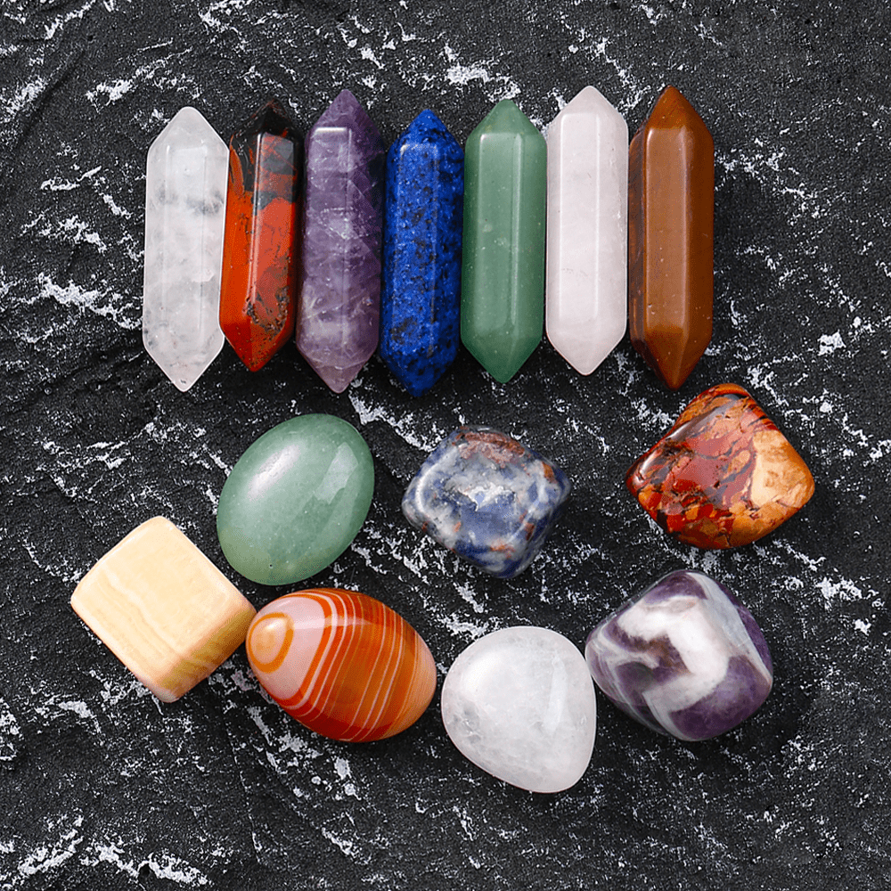 14PCS Natural Stone Double-Pointed Hexagonal Prism Set