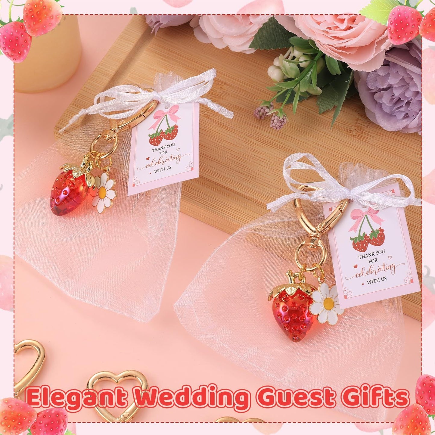 15PCS Red Strawberry Keychain Gift Set with Thank You Cards & Organza Bags
