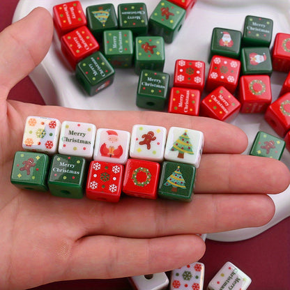 10PCS 14mm Multicolor Christmas Printed Square Acrylic Bead Set