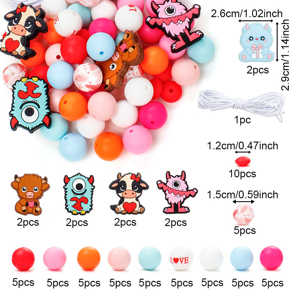 70pcs Love Cow Silicone Beads with Rope