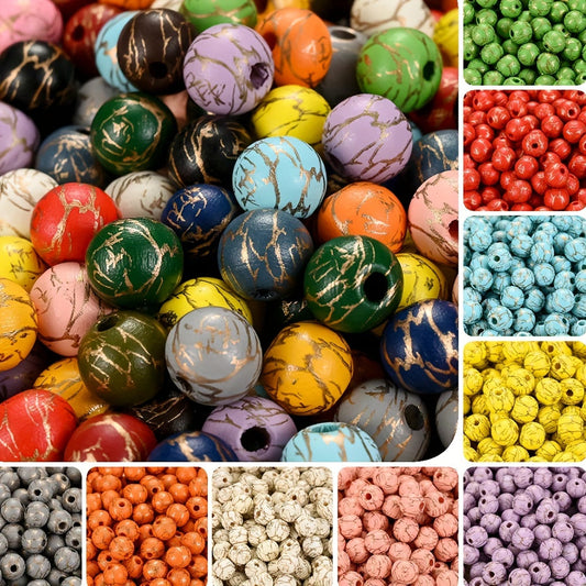 Colored Round Wood Beads with Gold Thread