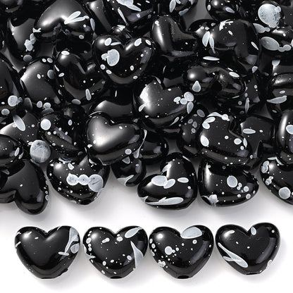 Black White Speckled Heart Acrylic Spacer Beads