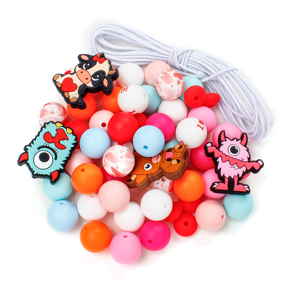 70pcs Love Cow Silicone Beads with Rope