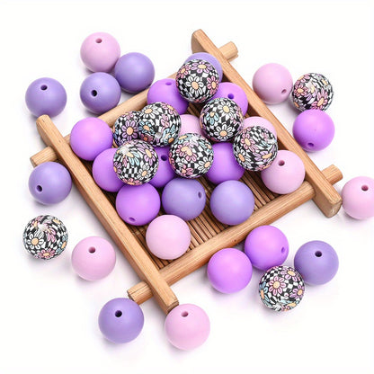 40pcs/set 15mm Colorful Round Silicone Flower Doodle Printed Beads