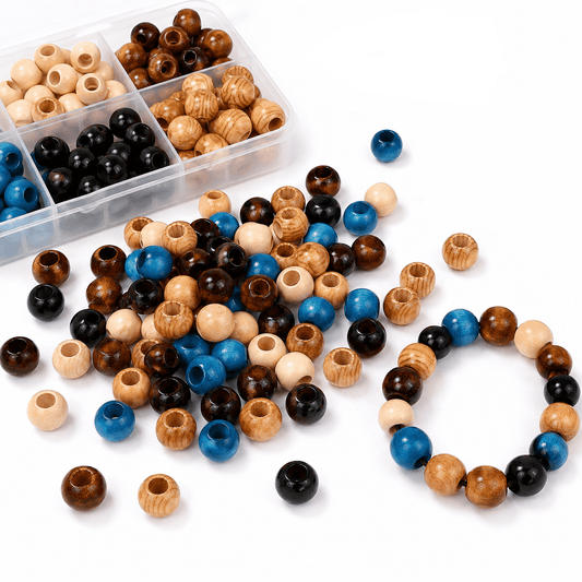 105pcs Natural Wooden Beads Set - 6 Assorted Colors Handmade Round Loose