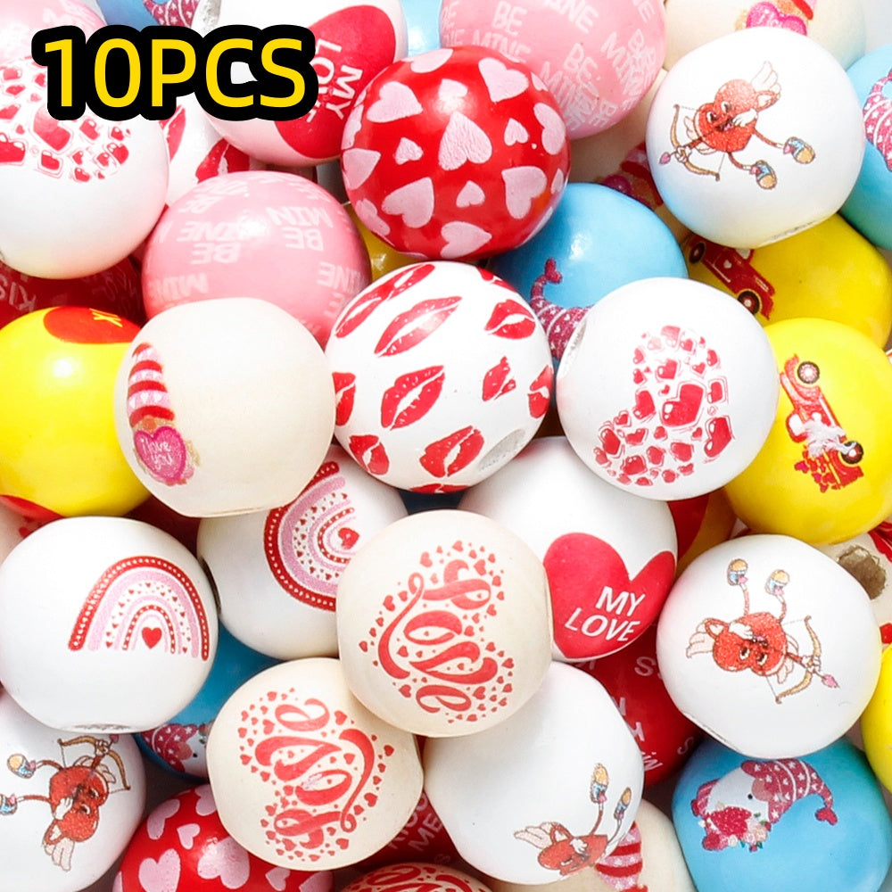 10pcs/set 16mm Heart-Shaped Printed Wooden Beads
