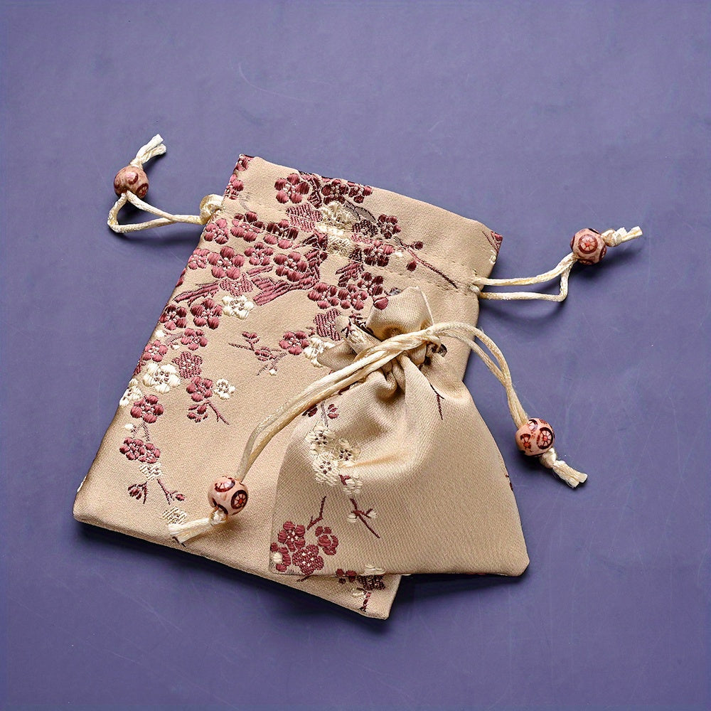 2-Piece Floral Embroidered Satin Drawstring Gift Bag Set