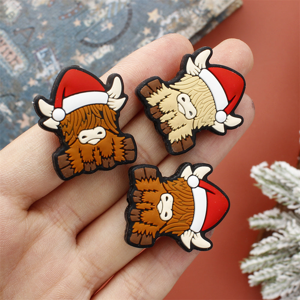 4pcs 25x30mm Christmas Silicone Highland Cow Patch Beads
