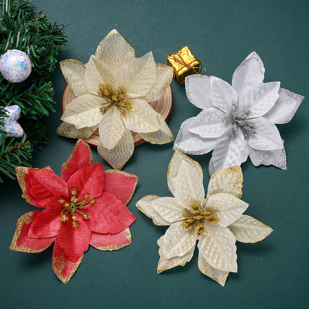 10PCS 13×13cm Gold & Red Glitter Christmas Flower Picks