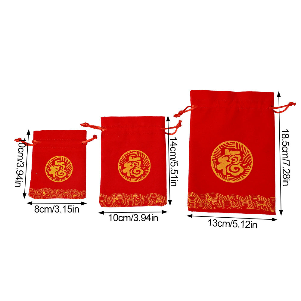 Red Chinese Fu Flocking Drawstring Gift Bags