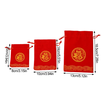 Red Chinese Fu Flocking Drawstring Gift Bags