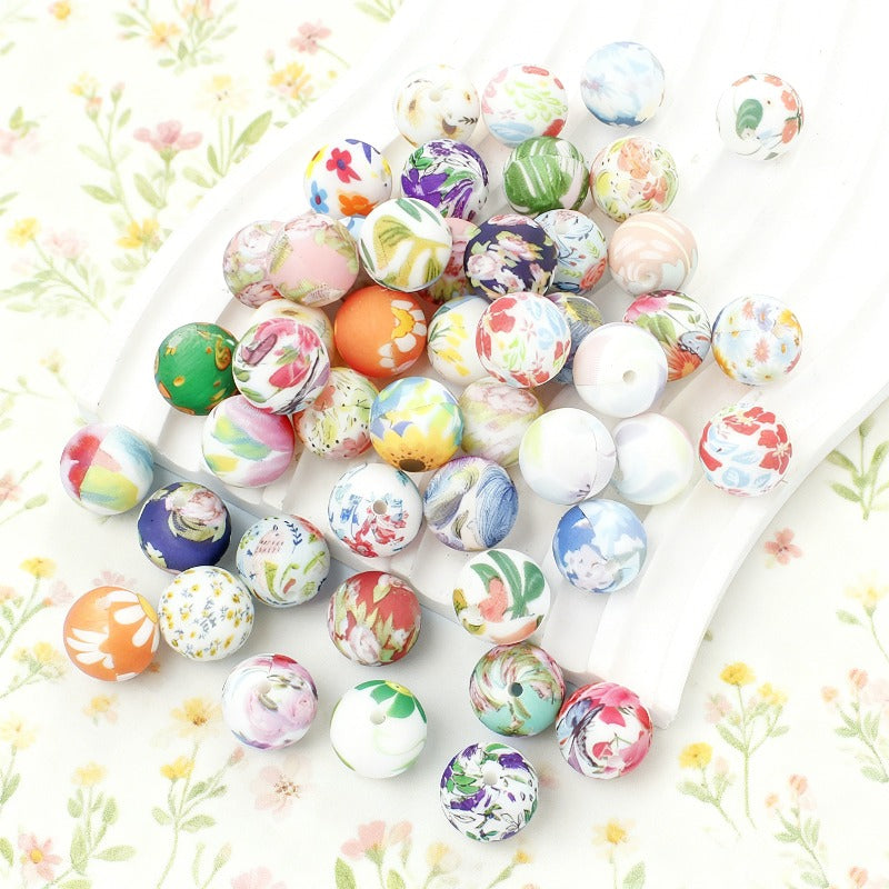 30/50pcs 15mm Floral Pattern Silicone Beads