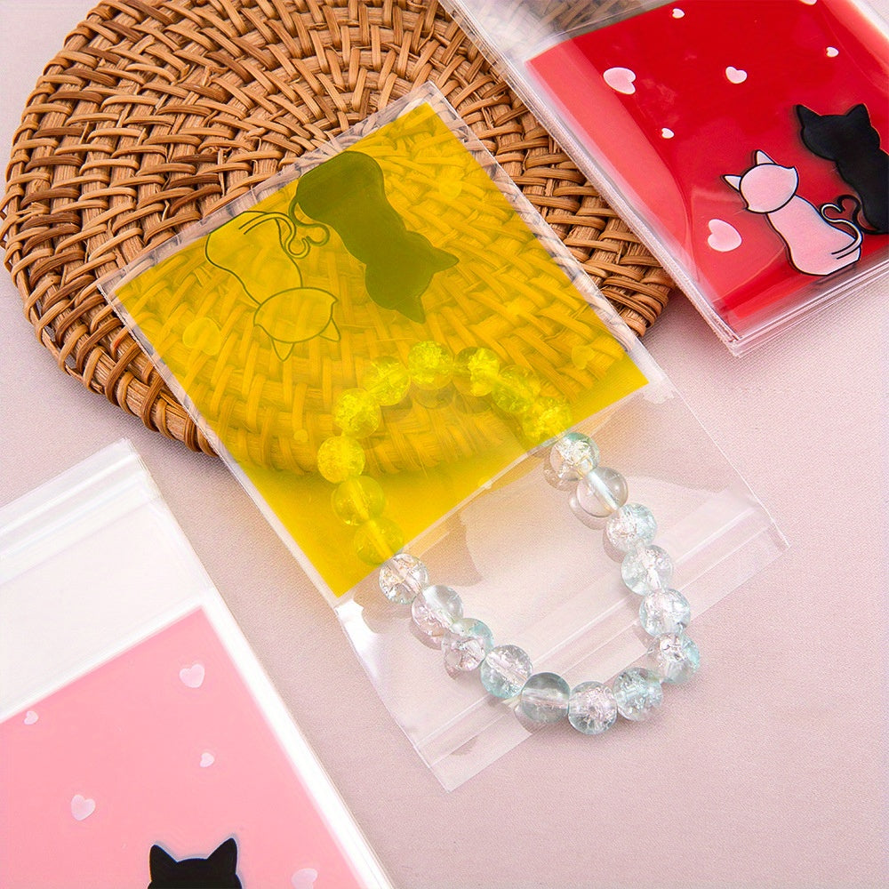 300-Piece Cat Print Self-Adhesive OPP Jewelry Bags