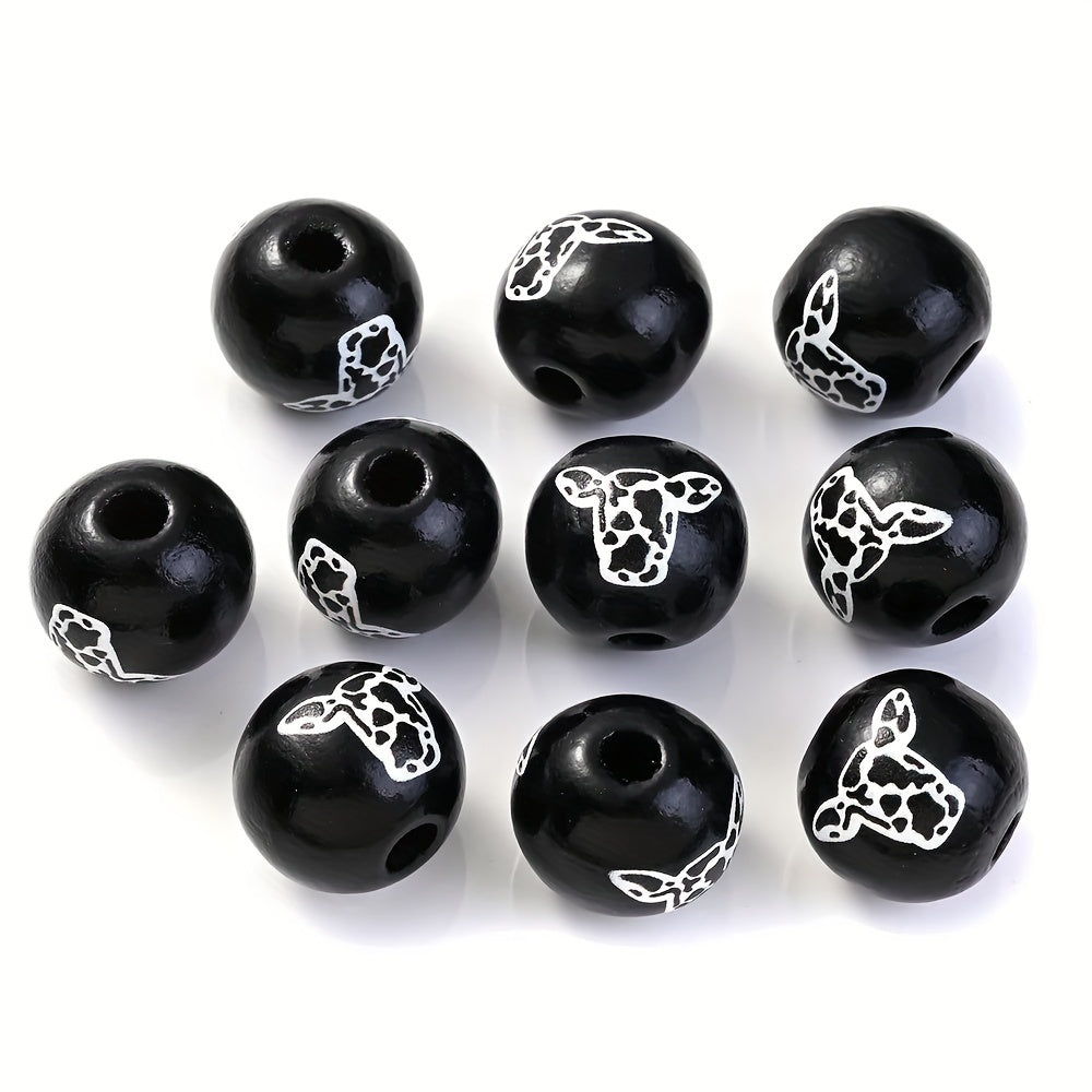 10PCS 16mm Black Bullhead Pattern Wooden Bead Set