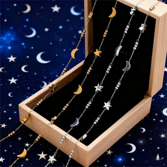 1m Gold & Silver Stainless Steel Star & Moon Bead Chain