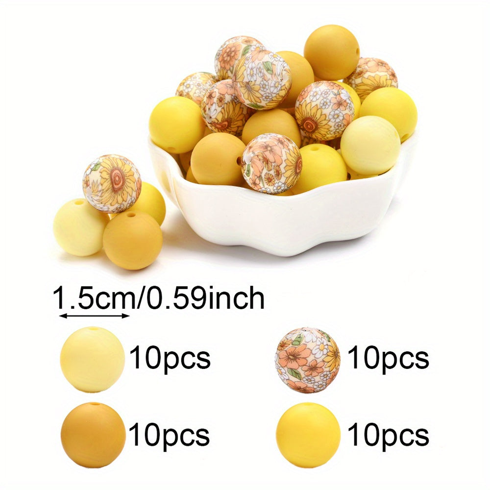 40pcs/set 15mm Colorful Round Silicone Flower Doodle Printed Beads