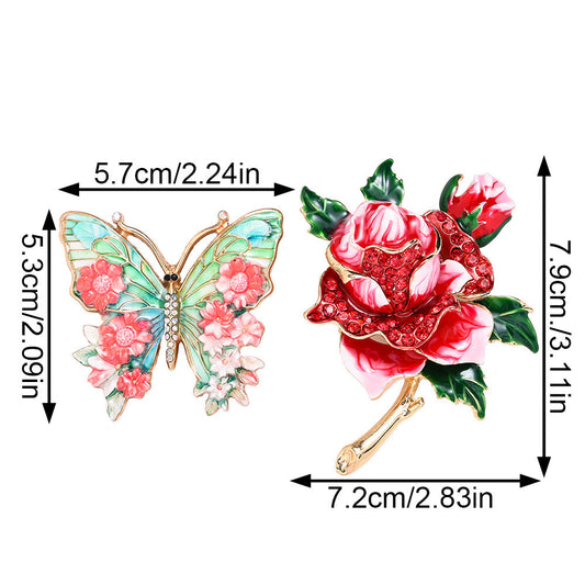 Butterfly & Rose Rhinestone Brooch Set