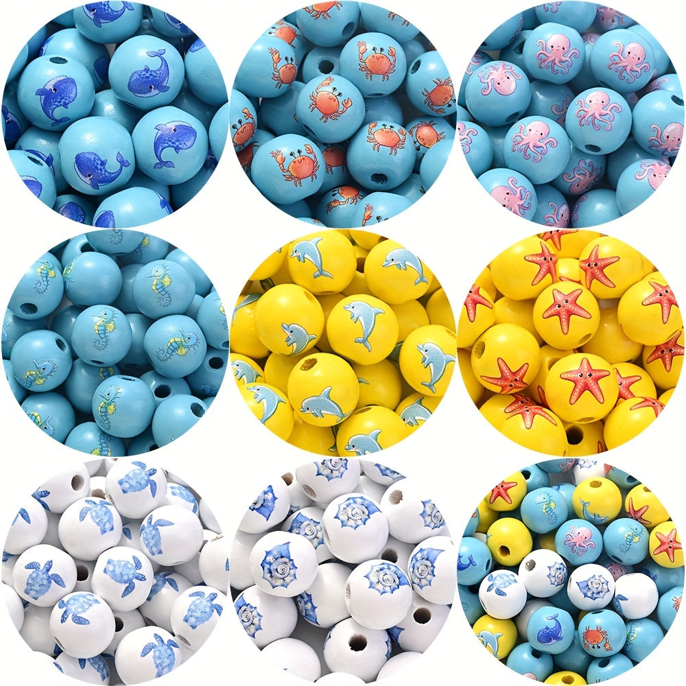 10PCS 16mm Colorful Marine Animal Wooden Bead Set