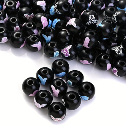 10PCS 16mm Black Bullhead Pattern Wooden Bead Set