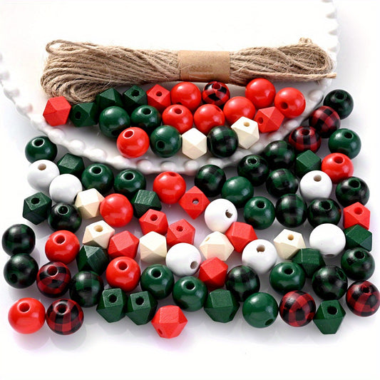 100pcs Christmas Wooden Round & Octagonal Beads