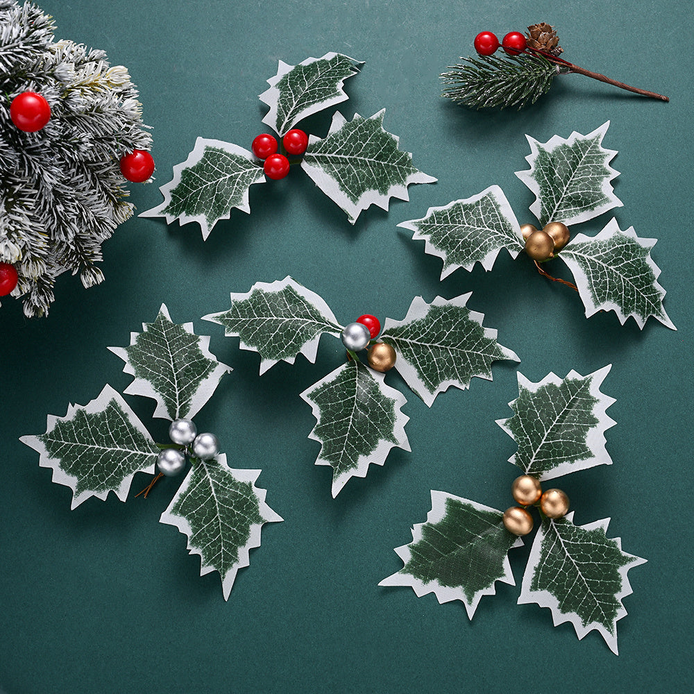 10PCS 5.5×6.5cm Christmas Holly Leaf & Berry Picks
