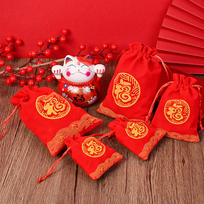 Red Chinese Fu Flocking Drawstring Gift Bags