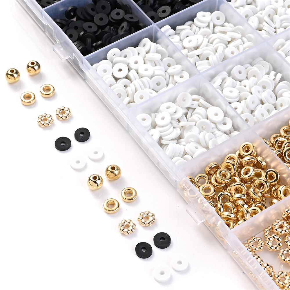 Black and White Clay Bead and Gold CCB Spacer Bead Set