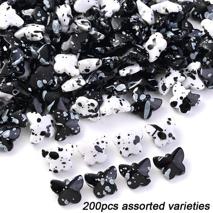 100/200pcs Star Heart Butterfly Beads Acrylic Black & White Graffiti