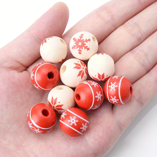 10PCS 15mm Red Snowflake Pattern Wooden Bead Set