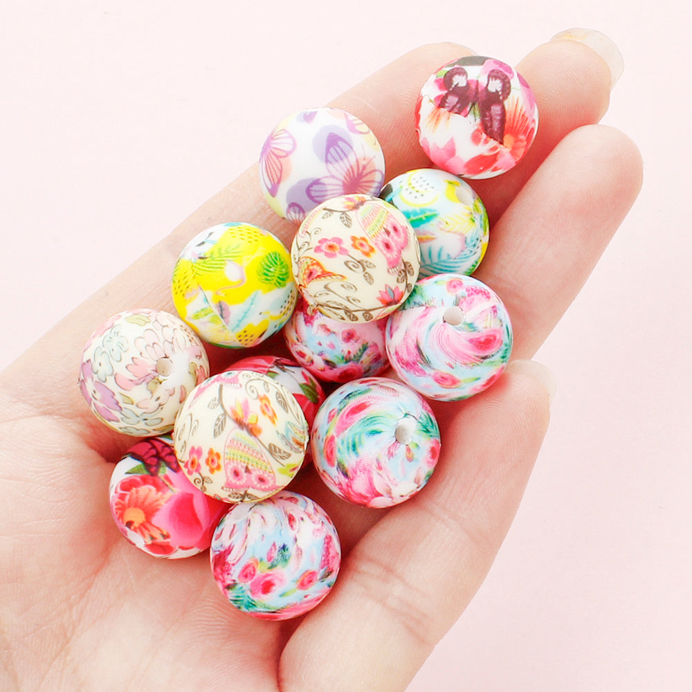 30/50pcs 15mm Floral Animal Print Silicone Beads