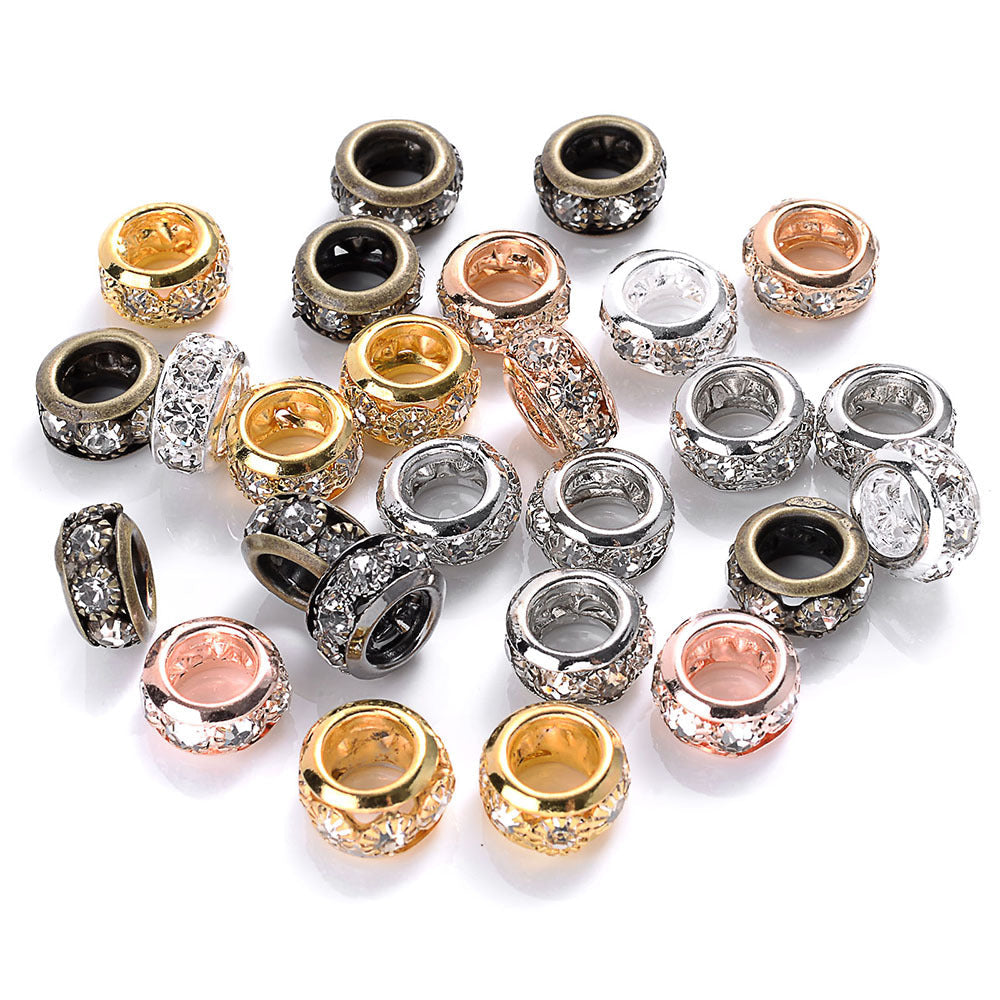 0pcs 10/12mm AlloyLarge Hole Rhinestone Spacer Beads DIY Jewelry Accessories