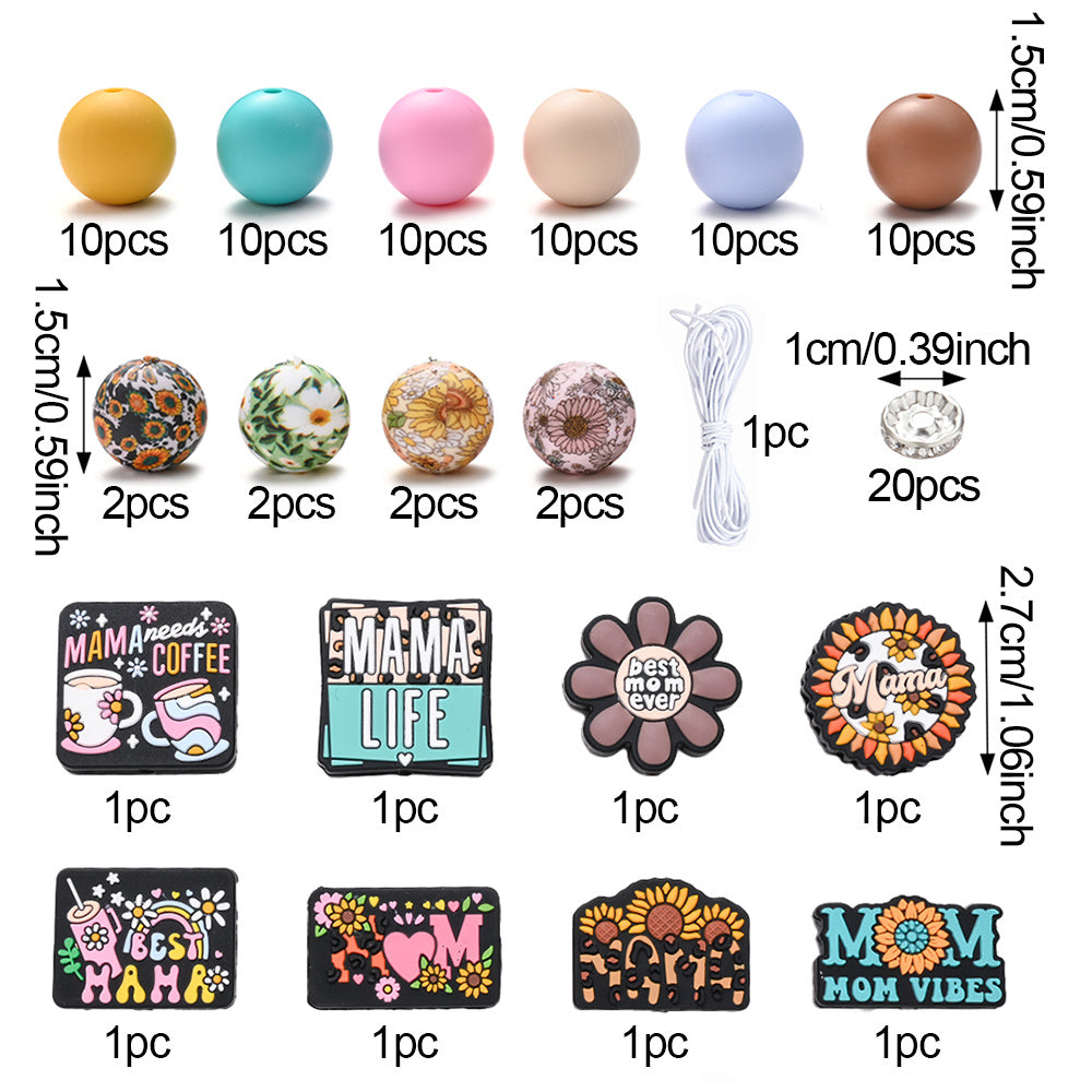 96pcs Mother's Day "MOM" Series Silicone Beads