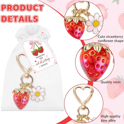 15PCS Red Strawberry Keychain Gift Set with Thank You Cards & Organza Bags
