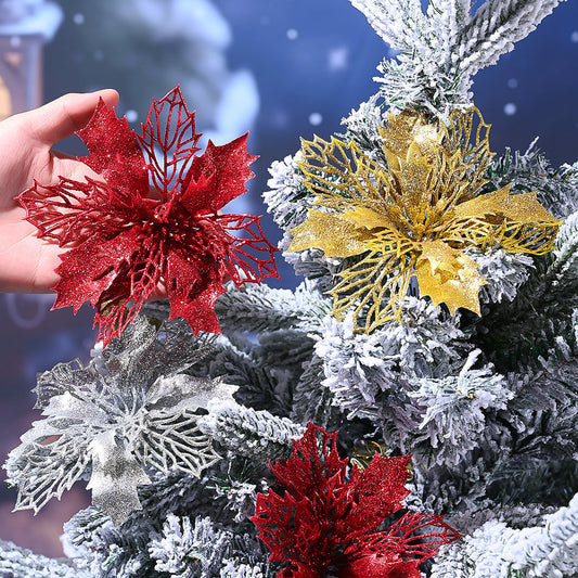 10PCS 16cm Gold, Silver & Red Hollow Christmas Flower Set