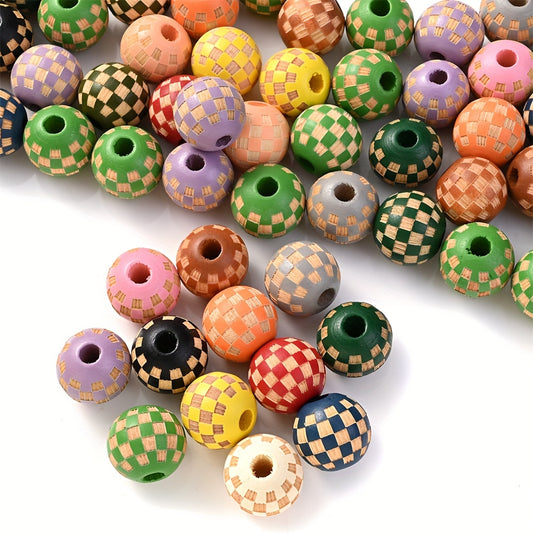 10/16mm Colorful Lattice Wooden Beads