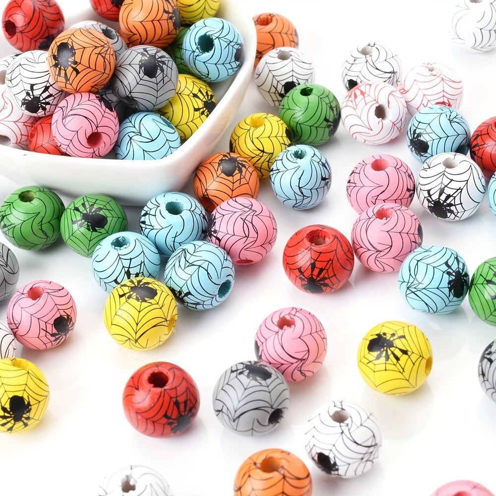 10pcs 15mm Halloween Spider Pattern Wooden Beads