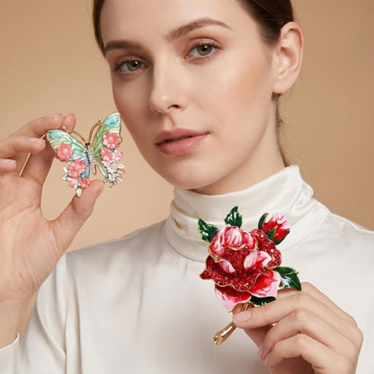Butterfly & Rose Rhinestone Brooch Set