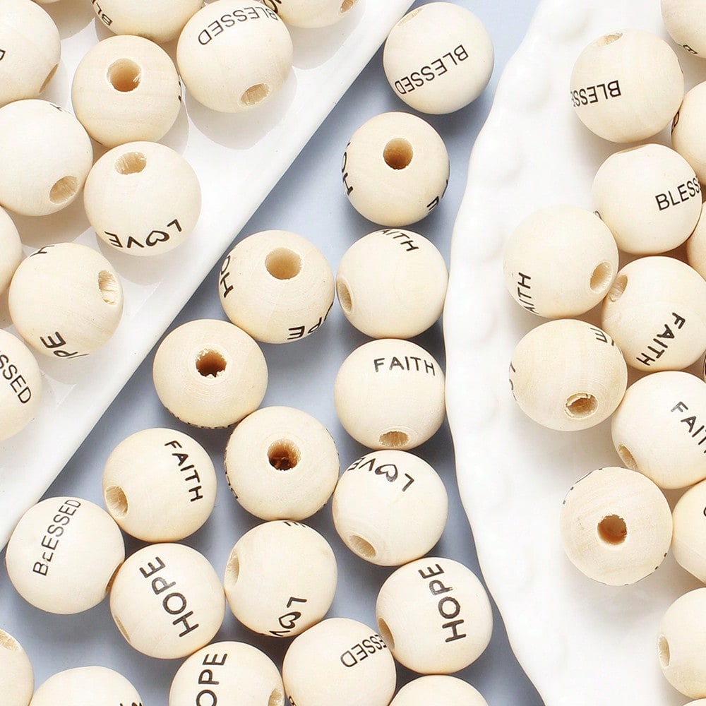 20/40pcs 16mm Letter LOVE HOPE BLESSED FAITH Wooden Beads