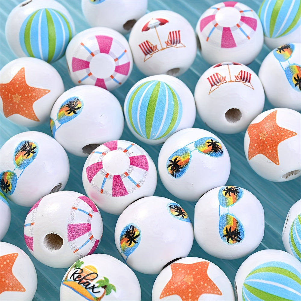 10PCS 16mm Beach-Themed Printed Wooden Bead Set