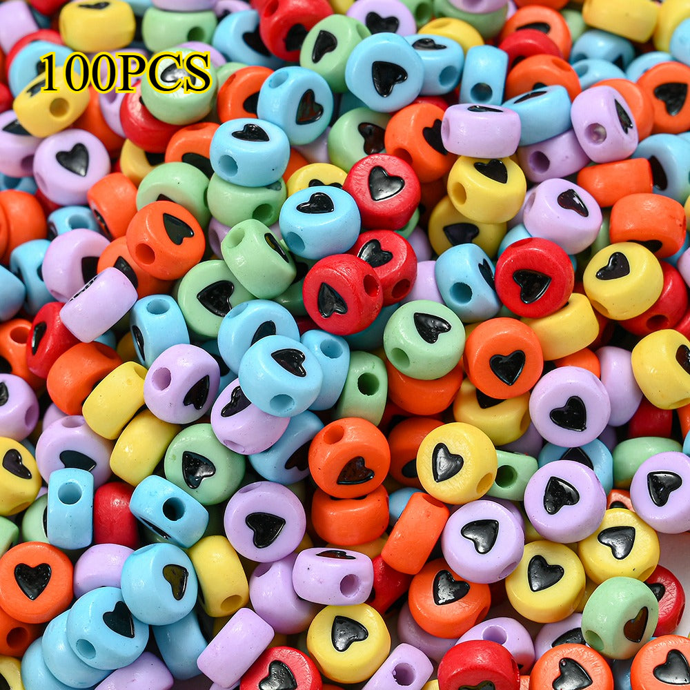 100pcs Colorful Flat Round Heart Acrylic Beads