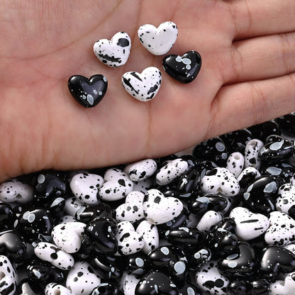 Black White Speckled Heart Acrylic Spacer Beads